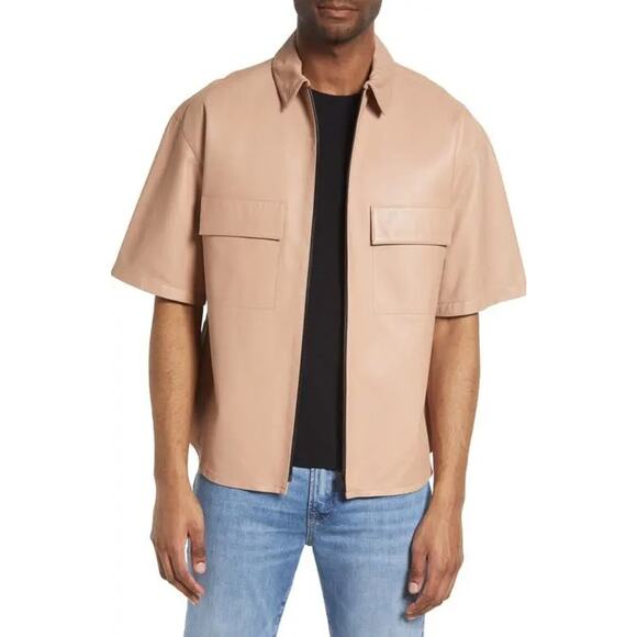 Frame Men's Lambskin Leather Modern Short Sleeve Full Zip Shirt Jacket Large